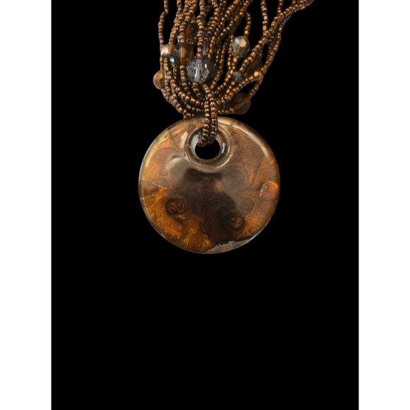 Multi-Strand Glass Bead Necklace With Bronze Swirl Pendant Art Glass Look - Picture 5 of 7